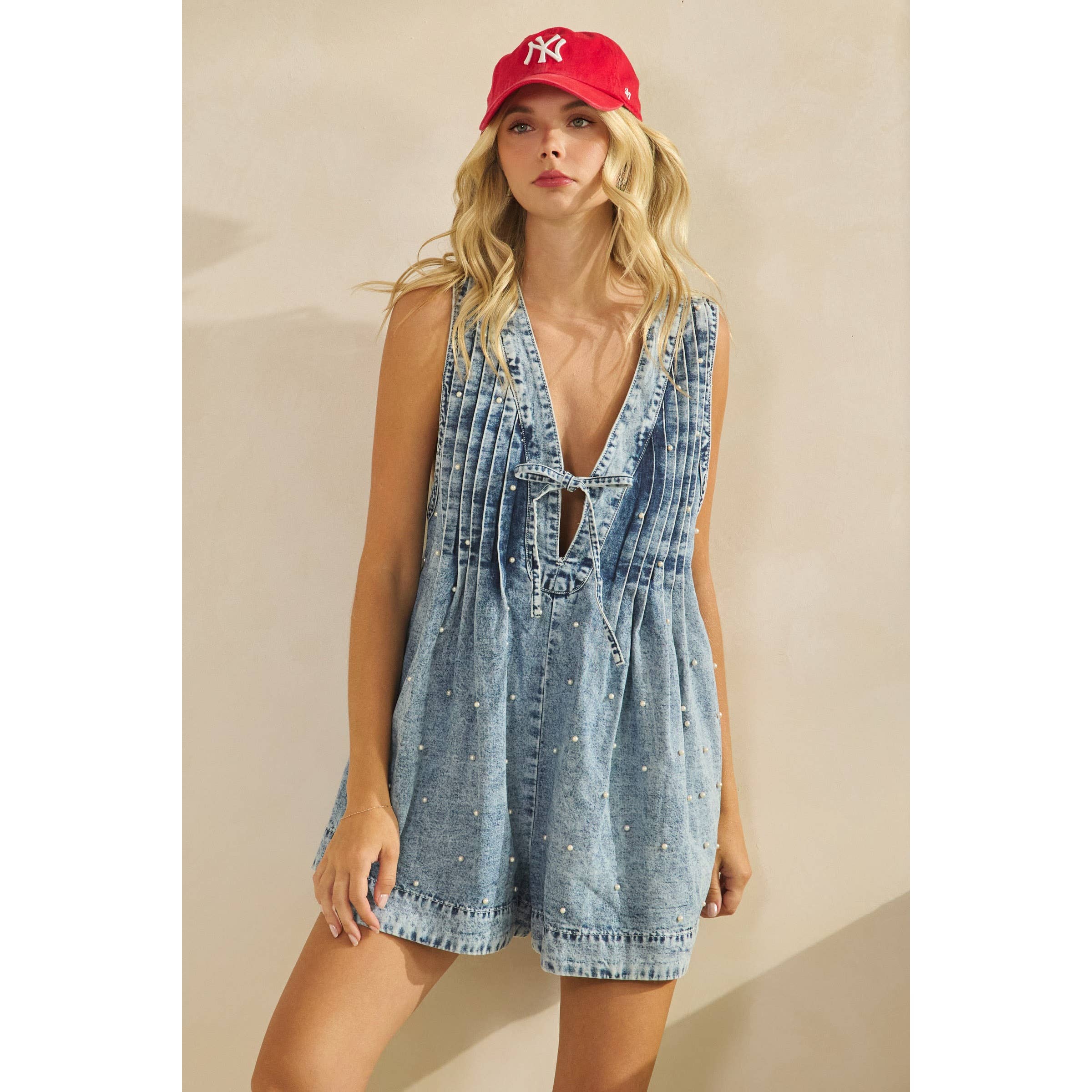 Pleated All over Pearl Denim Romper