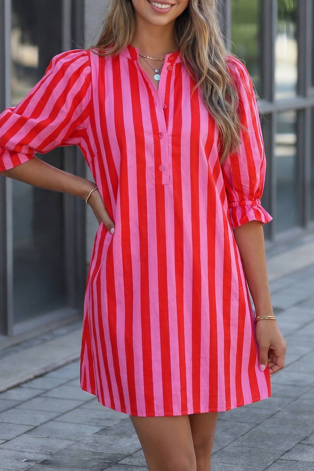 Striped Half Button Puff Sleeve Loose Mini Dress
