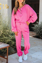 Bright Pink Raw Edge Half Buttons Pullover and Jogger Pants Set