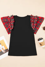 Black Plaid Pearl Ruffle Short Sleeve Loose T Shirt