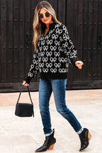 Black Cute Bow Pattern Drop Shoulder Zipped Collar Sweater