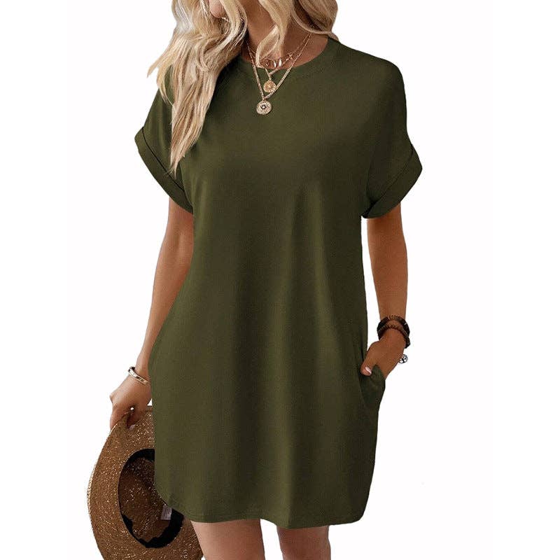 Relaxed Fit Cotton Short Sleeve Pocket Dress for Summer