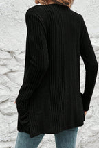 Black Ribbed Open Front Knitted Top with Pockets