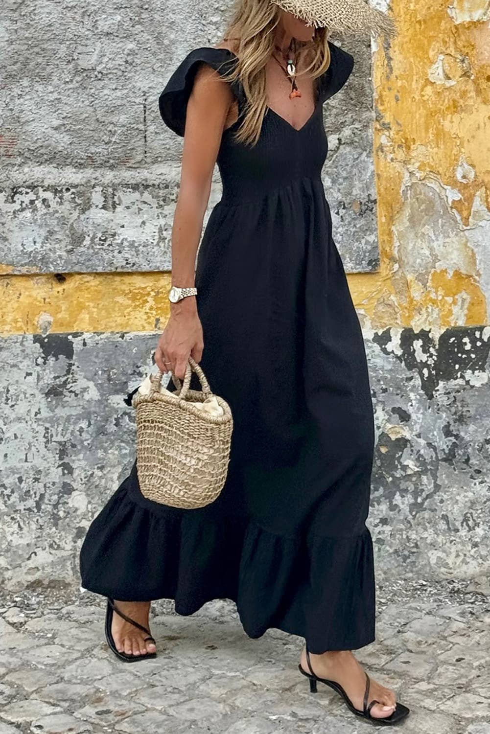 V Neck Smocked Bodice High Waist Ruffle Maxi Dress