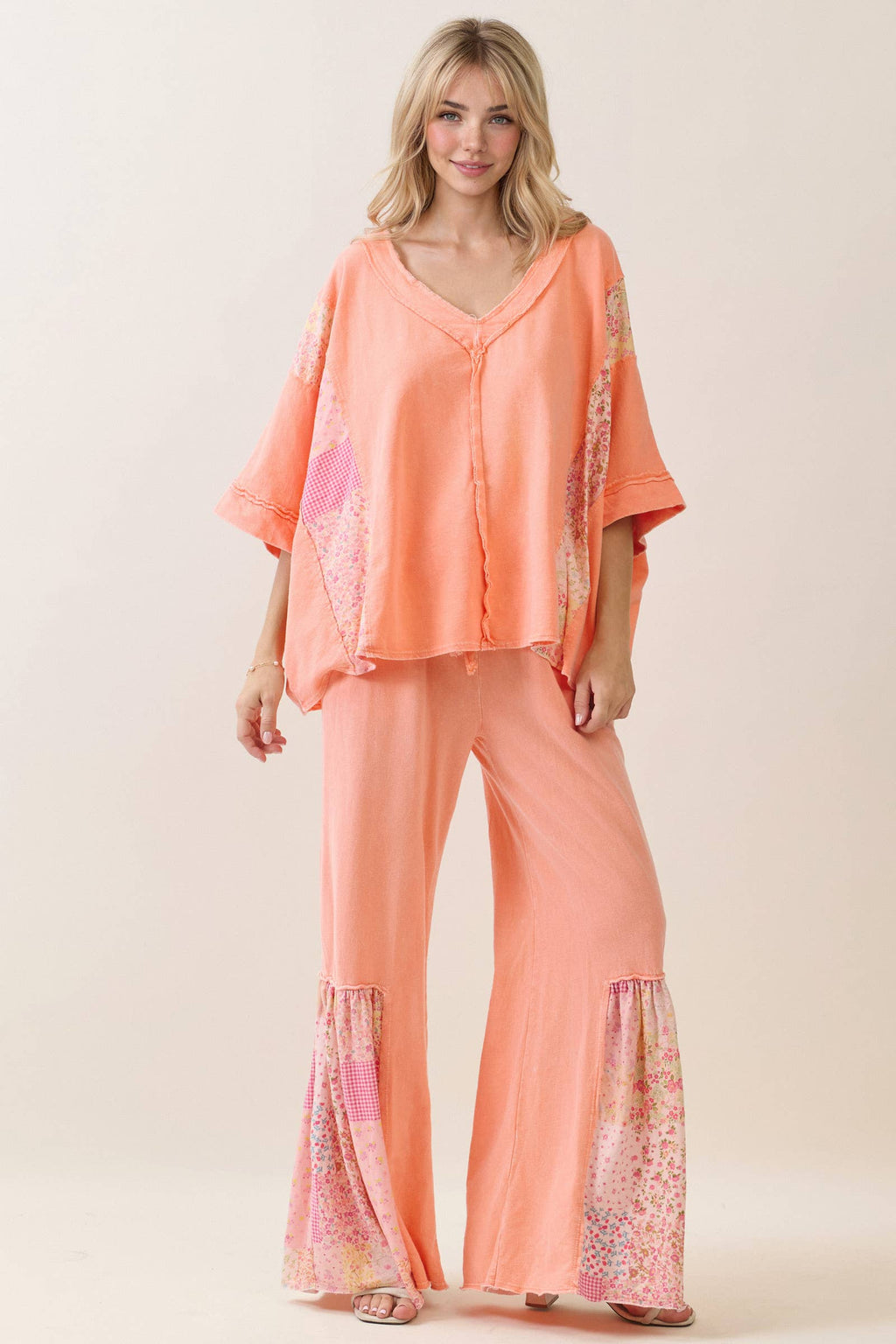 Mineral Washed Spring Picnic Print Ruffle Flare Pants HP7117