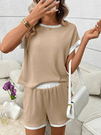 Pink Ribbed Lounge Set Contrast Trim Tee Top Shorts