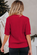 Fiery Red Plaid Lace up Detail Christmas Holiday Puff Short Sleeve Sweater
