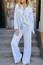 Sky Blue Bow Print Long Sleeve Shirt and Pants Soft Pajama Set