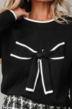 Black Contrast Trim Big Bow Accent Holiday Cropped Sweater