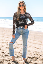 Black Round Neck Bow Print Long Sleeve Mesh Top