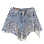 Fringe Rhinestone Distressed Denim Shorts Western Style