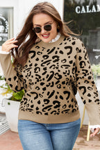Brown Leopard Knitted Lacy Trim Cuffed Plus Size Sweater