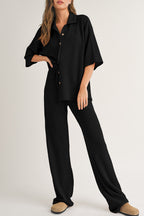 Black Solid Color Textured Buttoned Shirt and Casual Pants Set