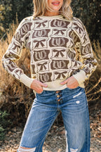 Brown Bows & Horseshoes Pattern Western Fashion Print Sweater