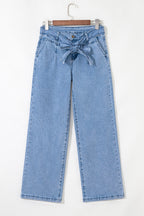 Beau Blue Western Washed Bow Knot Sash Wide Leg Jeans