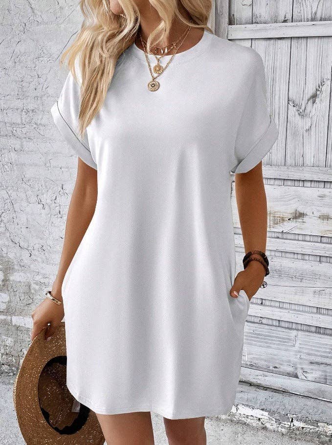 Relaxed Fit Cotton Short Sleeve Pocket Dress for Summer