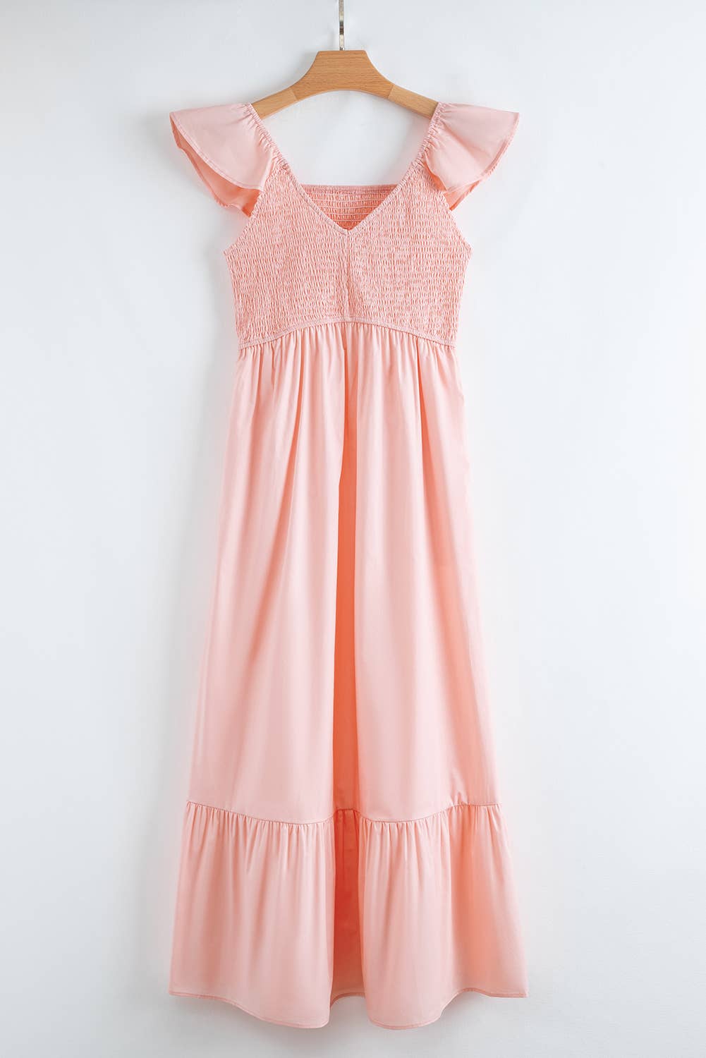 V Neck Smocked Bodice High Waist Ruffle Maxi Dress