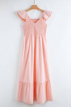 V Neck Smocked Bodice High Waist Ruffle Maxi Dress