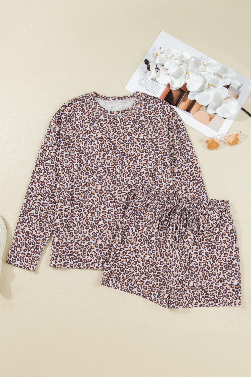 Khaki Leopard Ribbed Long Sleeve Top Drawstring Shorts 2pcs Outfit