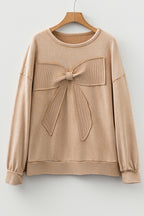 Light French Beige Mineral Wash Big Bow Patchwork Pullover Sweatshirt