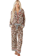 Dearlove Khaki Leopard Print Colorblock Striped Edge Shirt and Pants Pajama Set