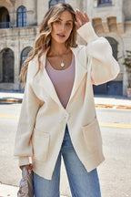 Beige Solid Color Knit Lapel Collar Single Button Sweater Cardigan