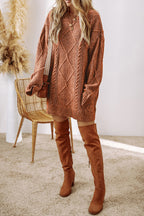 Coffee Cable Knit Drop Shoulder Loose Fit Sweater Dress