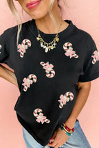 Black Sequined Candy Cane Patched Pattern Holiday T Shirt