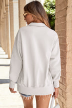 White Buttoned Collared Raw Detail High Low Baggy Sweatshirt with Slits