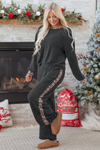 Carbon Grey Twisted Rib Texture Leopard Patchwork Detail 2pcs Pant Set