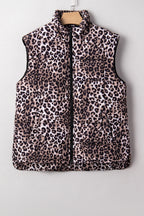 Brown Leopard Quilted Full Zipper Casual Puff Vest