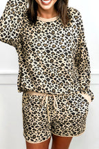 Brown Leopard Print Contrast Trim Long Sleeve Pullover Drawstring Shorts 2pcs Outfit