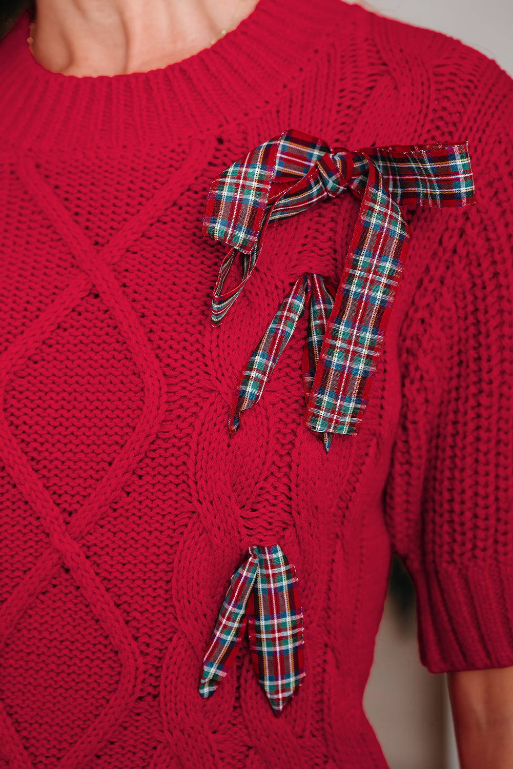 Fiery Red Plaid Lace up Detail Christmas Holiday Puff Short Sleeve Sweater