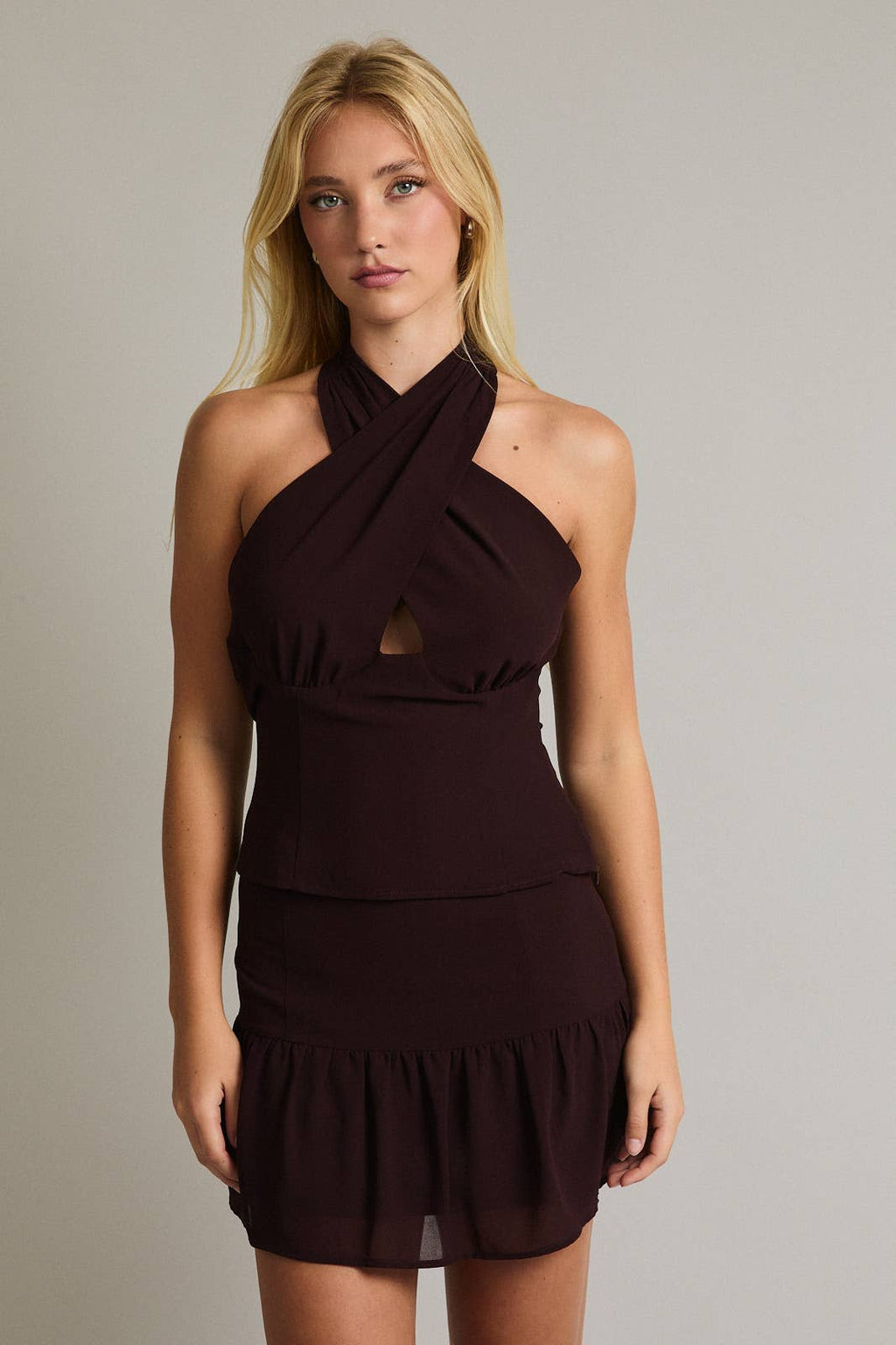 HALTER NECK TOP MID-RISE CHIFFON SKIRT