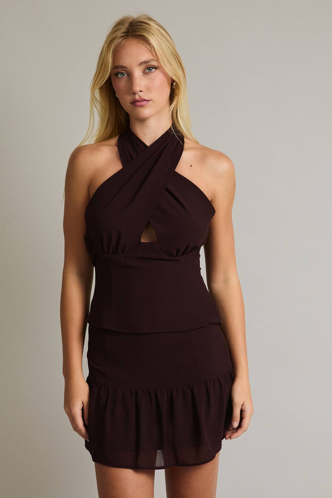 HALTER NECK TOP MID-RISE CHIFFON SKIRT