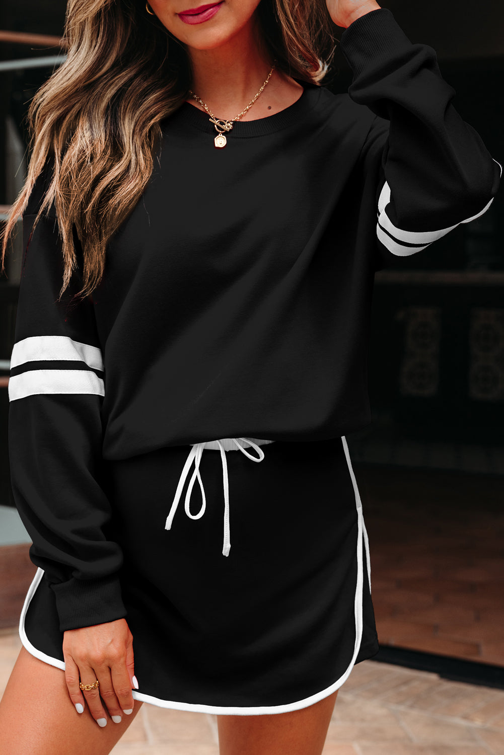 Black Varsity Stripe Detail Drop Shoulder Pullover Mini Skirt Set