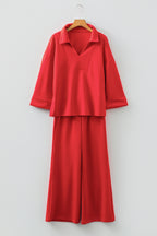 Fiery Red Polo Collar V Neck 3/4 Sleeve Pullover Drawstring Bell Bottom Pants 2pcs Set