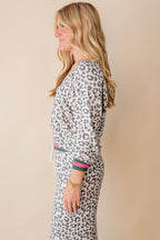 Gray V Neck Leopard Long Sleeve Top Striped Webbing Patchwork Drawstring Pant Set