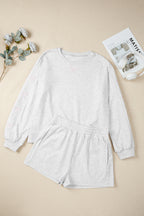 Light Grey Girly Bow Embroidered Detail Puff Sleeve Pullover 2pcs Short Set