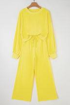 Yellow Cream Drop Shoulder Puff Sleeve Crop Pullover Drawstring Wide Leg Pants Set