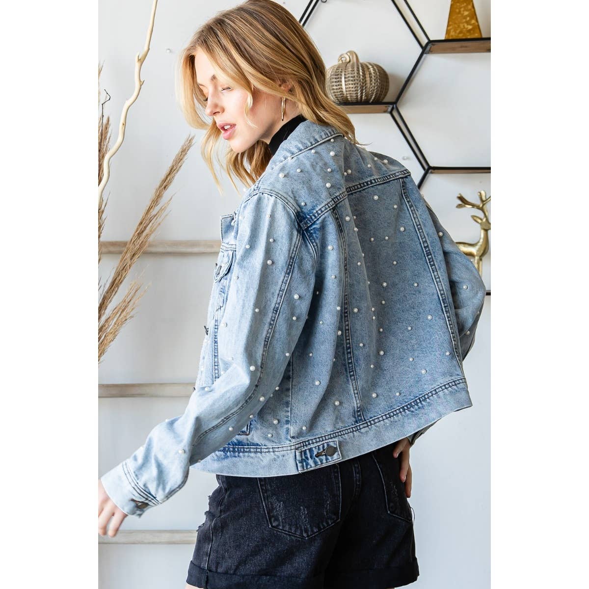 All Over Pearl Cropped Denim Jacket