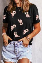Black Sequined Candy Cane Patched Pattern Holiday T Shirt
