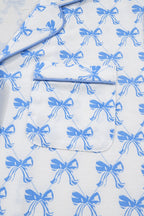 Sky Blue Bow Print Long Sleeve Shirt and Pants Soft Pajama Set
