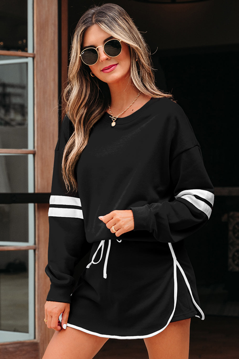 Black Varsity Stripe Detail Drop Shoulder Pullover Mini Skirt Set