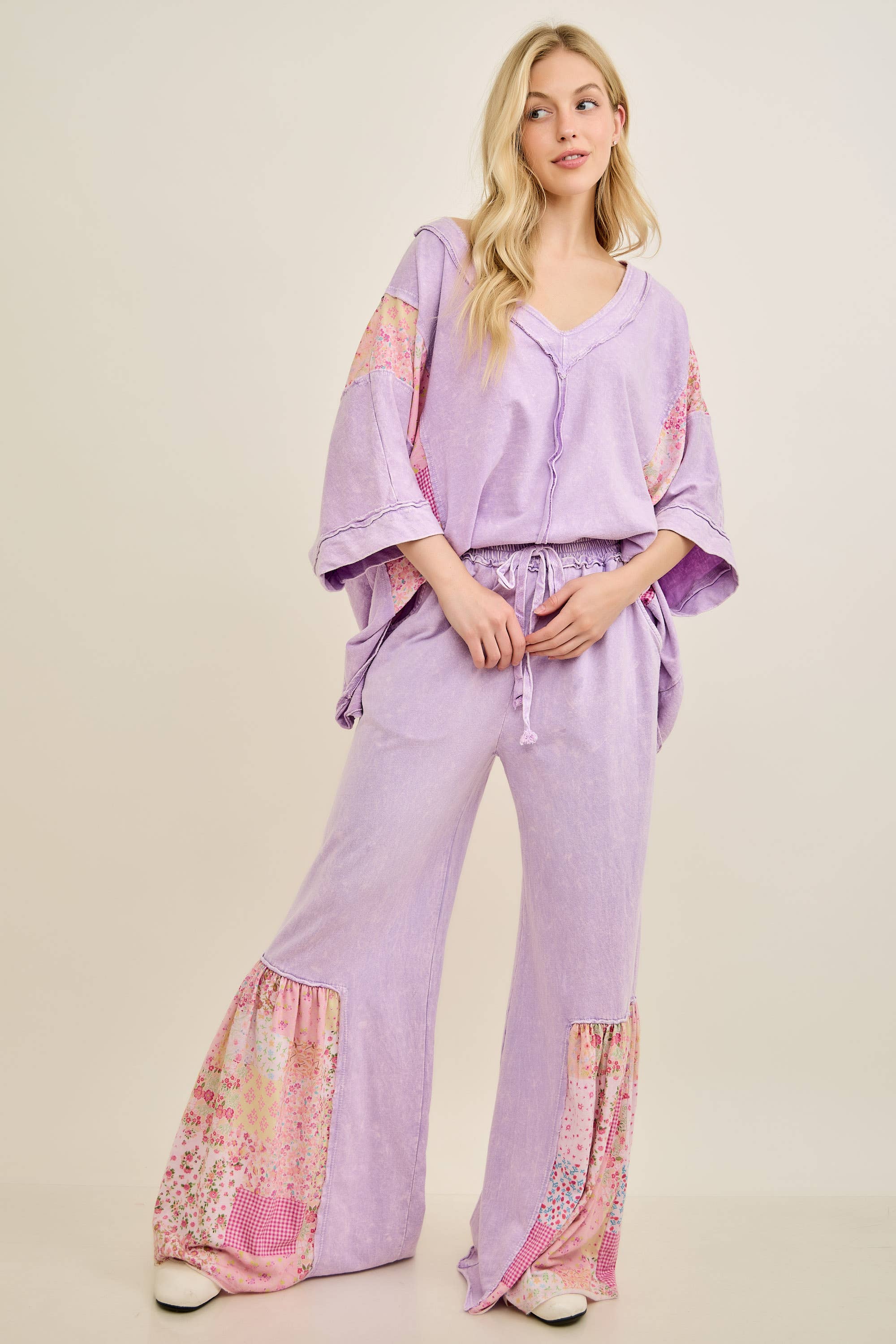 Mineral Washed Spring Picnic Print Ruffle Flare Pants HP7117