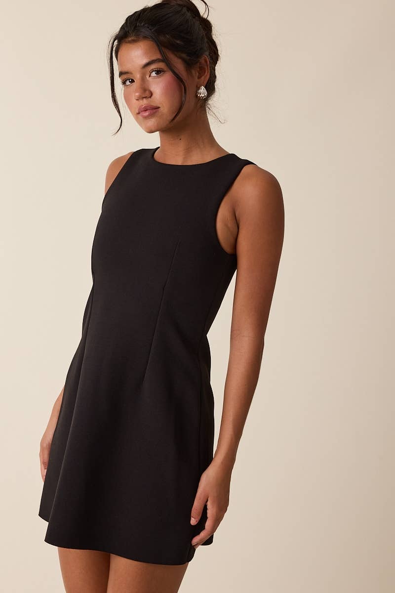 SOLID COLOR BOAT NECK SLEEVELESS A-LINE MINI DRESS