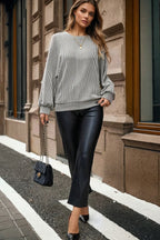 Gray Ribbed Knit Round Neck Long Lantern Sleeve Top