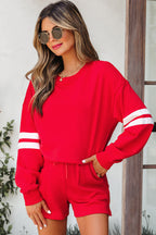 Fiery Red Varsity Striped Sleeve Drop Shoulder Sweatshirt and Short Set