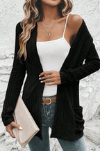 Black Ribbed Open Front Knitted Top with Pockets