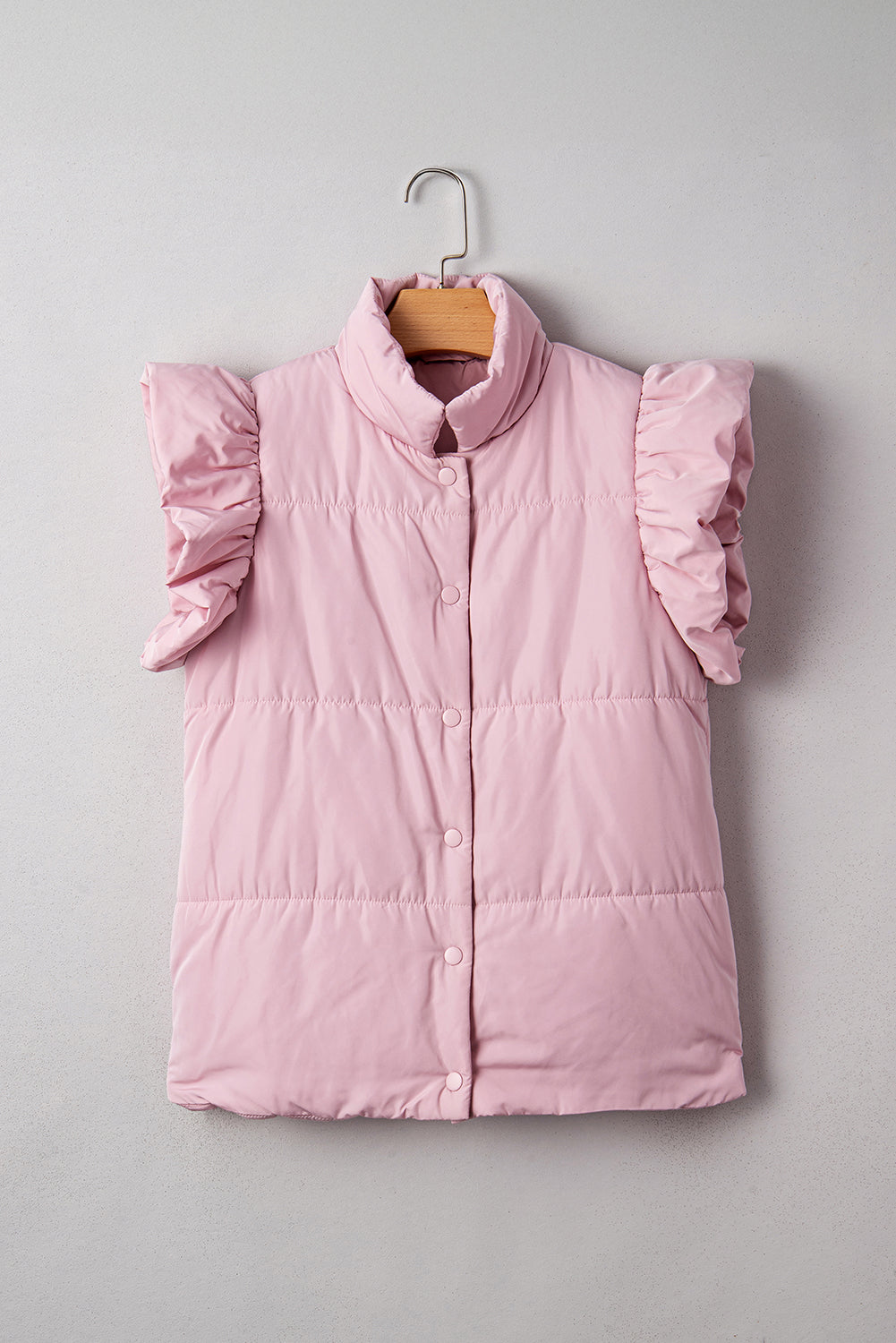 Pink Stand Neck Flutter Sleeve Snap Button Puffer Vest